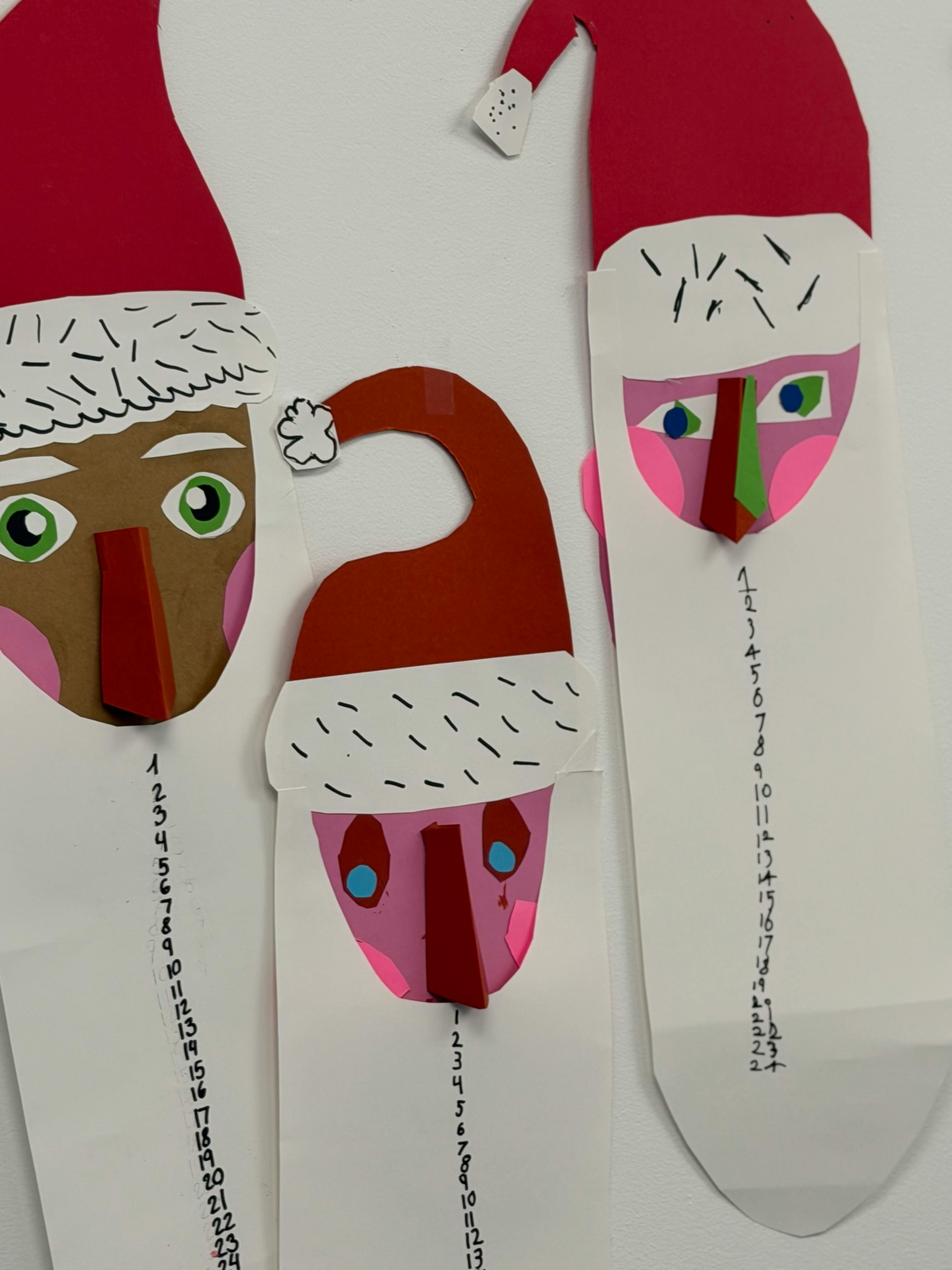 Christmas art activities showing handmade Santa designs.